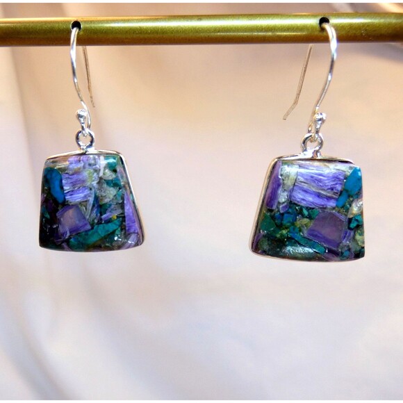 Natural Charoite -Azurite Sterling Silver Dangle Drop Earrings Handmade - Picture 4 of 4